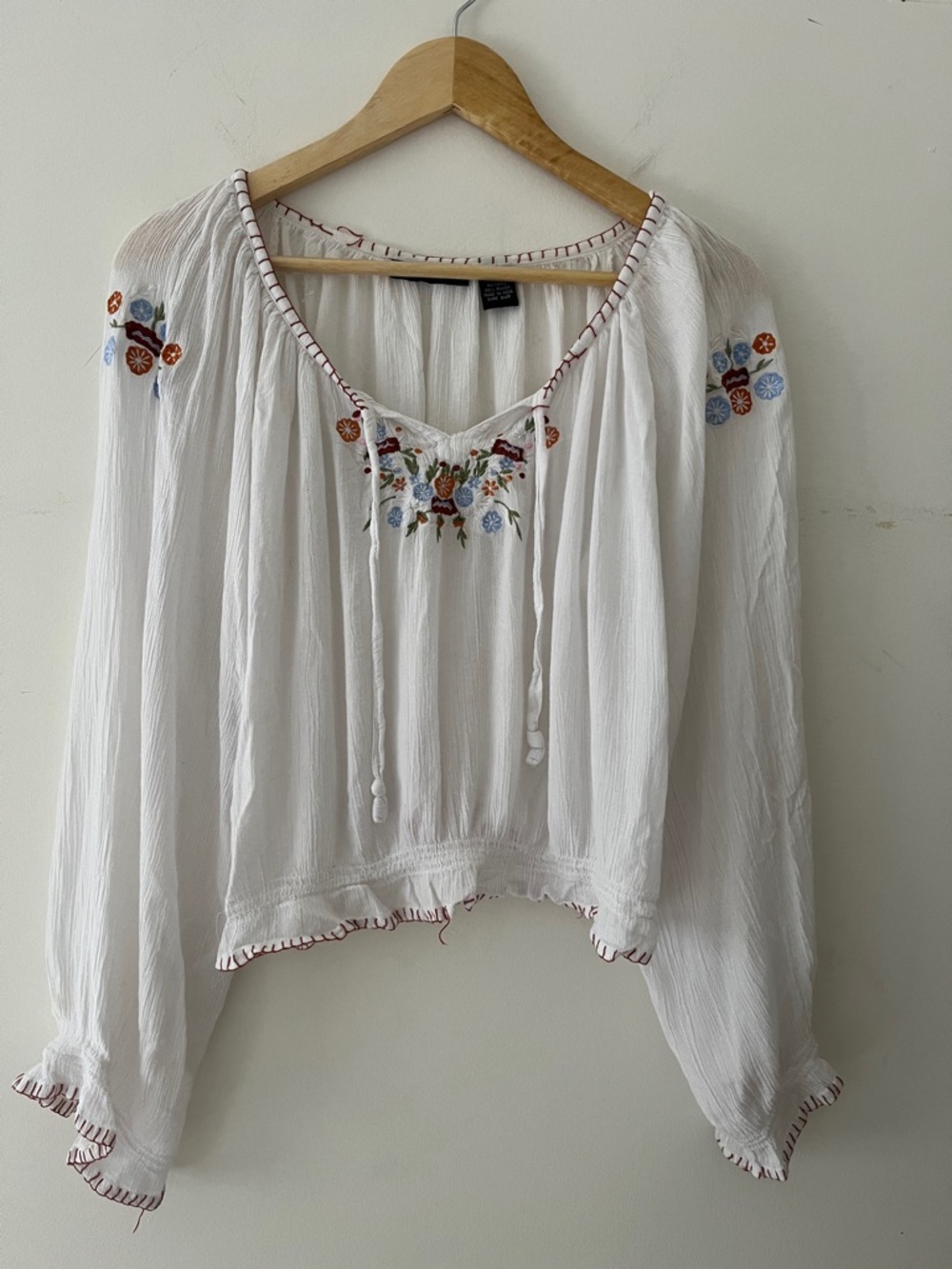 Boho Embroidered Peasant Top White Floral Tie Front Blouse Small Cottagecore